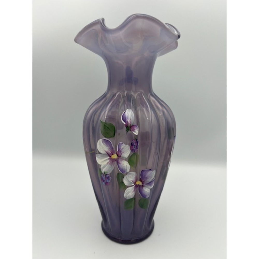 Fenton Lavender Art Glass Vase Hand Painted Floral Ruffled Rim Signed D Robinson